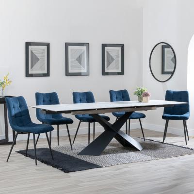 Hayden White Ceramic Extending Dining Set Corona Blue Fabric Dining Chair