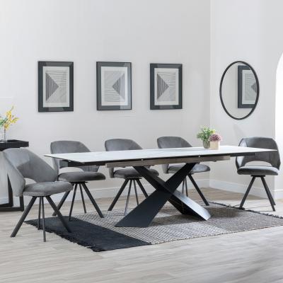 Hayden White Ceramic Extending Dining Set Ion Dark Grey Velvet Fabric Swivel Dining Chair