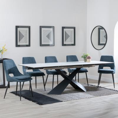 Hayden White Ceramic Extending Dining Set Peyton Blue Fabric Dining Chair