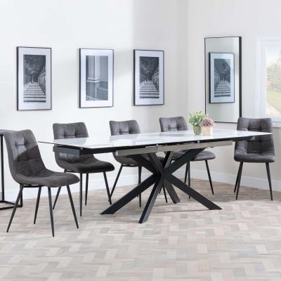 Sutton White Ceramic Extending Dining Set Corona Grey Fabric Dining Chair