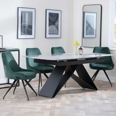 Westin Grey Ceramic Extending Dining Set Arctic Green Velvet Fabric Swivel Dining Chair