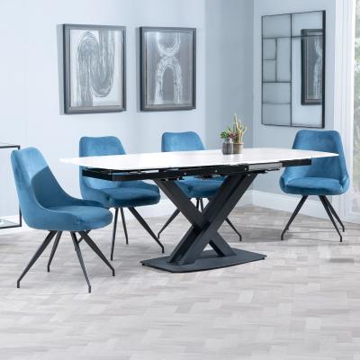 Arctic White Ceramic Swivel Top Extending Dining Set Arctic Blue Velvet Fabric Swivel Dining Chair