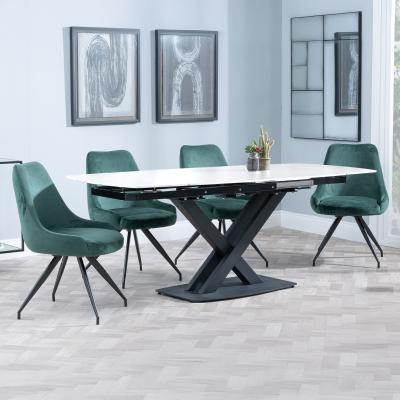 Arctic White Ceramic Swivel Top Extending Dining Set Arctic Green Velvet Fabric Swivel Dining Chair