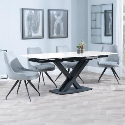 Arctic White Ceramic Swivel Top Extending Dining Set Arctic Grey Velvet Fabric Swivel Dining Chair