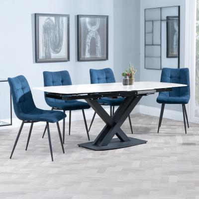 Arctic White Ceramic Swivel Top Extending Dining Set Corona Blue Fabric Dining Chair