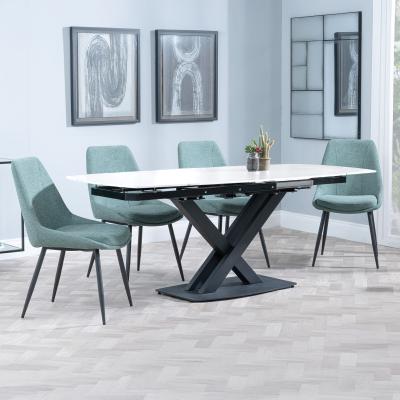 Arctic White Ceramic Swivel Top Extending Dining Set Darwin Green Fabric Dining Chair