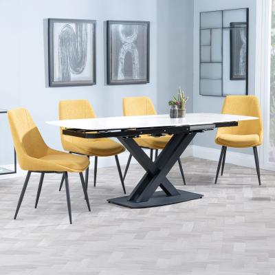 Arctic White Ceramic Swivel Top Extending Dining Set Darwin Yellow Fabric Dining Chair