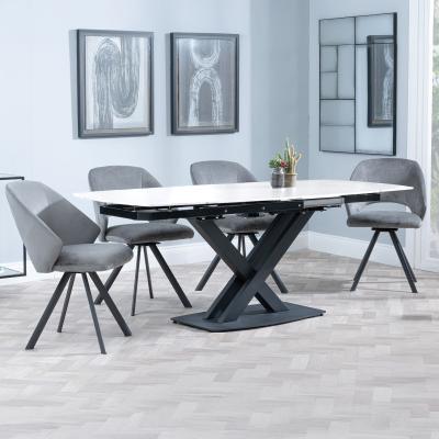 Arctic White Ceramic Swivel Top Extending Dining Set Ion Dark Grey Velvet Fabric Swivel Dining Chair