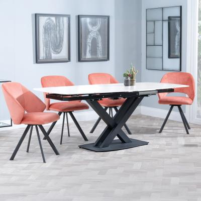 Arctic White Ceramic Swivel Top Extending Dining Set Ion Orange Velvet Fabric Swivel Dining Chair