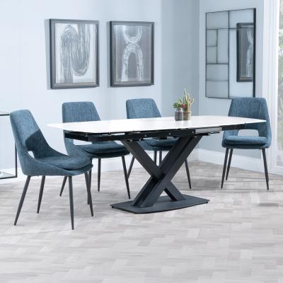 Arctic White Ceramic Swivel Top Extending Dining Set Peyton Blue Fabric Dining Chair