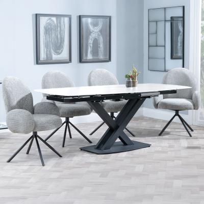 Arctic White Ceramic Swivel Top Extending Dining Set Theo Dark Grey Fabric Swivel Dining Chair