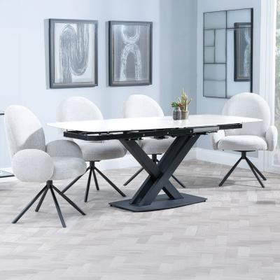 Arctic White Ceramic Swivel Top Extending Dining Set Theo Grey Fabric Swivel Dining Chair