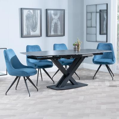 Arctic Black Ceramic Swivel Top Extending Dining Set Arctic Blue Velvet Fabric Swivel Dining Chair