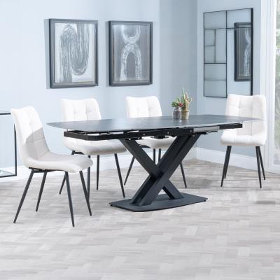 Arctic Black Ceramic Swivel Top Extending Dining Set Corona Beige Fabric Dining Chair