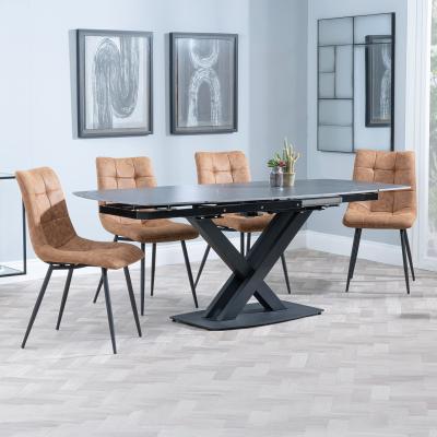 Arctic Black Ceramic Swivel Top Extending Dining Set Corona Brown Fabric Dining Chair