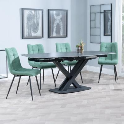 Arctic Black Ceramic Swivel Top Extending Dining Set Corona Green Fabric Dining Chair