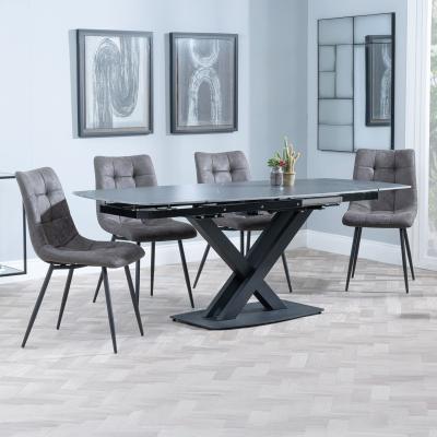 Arctic Black Ceramic Swivel Top Extending Dining Set Corona Grey Fabric Dining Chair