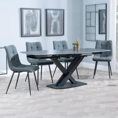 Arctic Black Ceramic Swivel Top Extending Dining Set Corona Light Grey Fabric Dining Chair