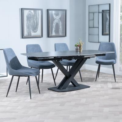 Arctic Black Ceramic Swivel Top Extending Dining Set Darwin Dark Grey Fabric Dining Chair