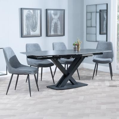 Arctic Black Ceramic Swivel Top Extending Dining Set Darwin Grey Fabric Dining Chair