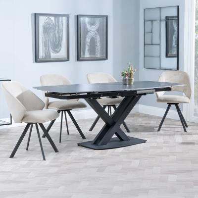 Arctic Black Ceramic Swivel Top Extending Dining Set Ion Beige Velvet Fabric Swivel Dining Chair