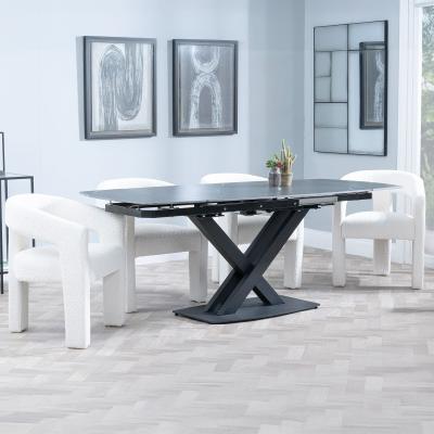 Arctic Black Ceramic Swivel Top Extending Dining Set Kiefer Cream Boucle Fabric Dining Chair