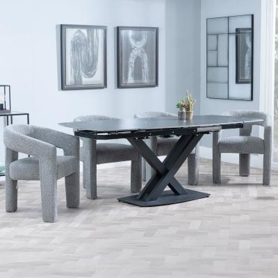 Arctic Black Ceramic Swivel Top Extending Dining Set Kiefer Grey Boucle Fabric Dining Chair