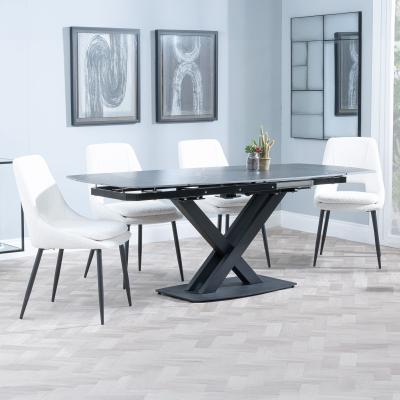 Arctic Black Ceramic Swivel Top Extending Dining Set Peyton Cream Fabric Dining Chair