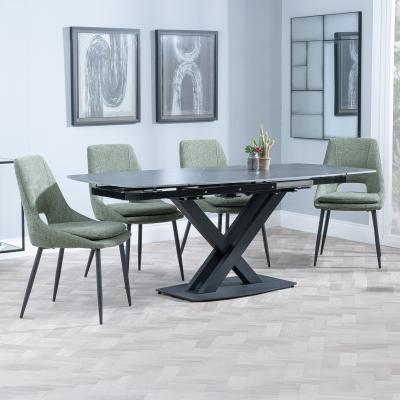 Arctic Black Ceramic Swivel Top Extending Dining Set Peyton Green Fabric Dining Chair