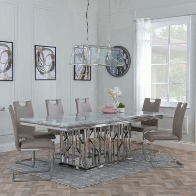 Vortex Grey Marble And Chrome Dining Set Bianco Beige Faux Leather Dining Chair