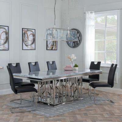 Vortex Grey Marble And Chrome Dining Set Bianco Black Faux Leather Dining Chair