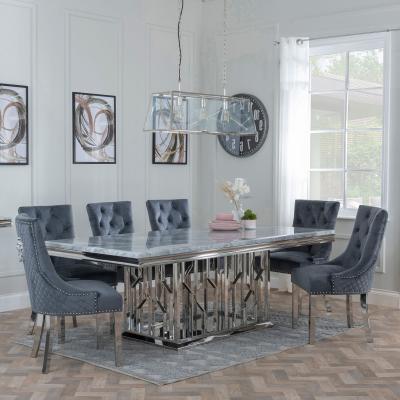 Vortex Grey Marble And Chrome Dining Set Lion Knocker Back Grey Velvet Fabric Dining Chair With Chrome Legs