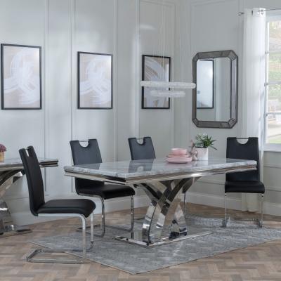 Lisbon Grey Marble And Chrome Dining Set Bianco Black Faux Leather Dining Chair