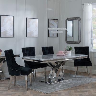 Lisbon Grey Marble And Chrome Dining Set Knocker Back Black Velvet Fabric Dining Chair With Chrome Legs