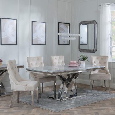 Lisbon Grey Marble And Chrome Dining Set Knocker Back Champagne Velvet Fabric Dining Chair With Chrome Legs