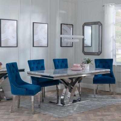 Lisbon Grey Marble And Chrome Dining Set Lion Knocker Back Blue Velvet Fabric Dining Chair With Chrome Legs