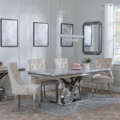 Lisbon Grey Marble And Chrome Dining Set Lion Knocker Back Champagne Velvet Fabric Dining Chair With Chrome Legs