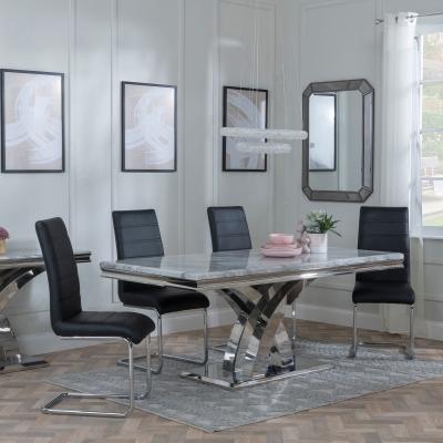 Lisbon Grey Marble And Chrome Dining Set Roma Black Faux Leather Dining Chair