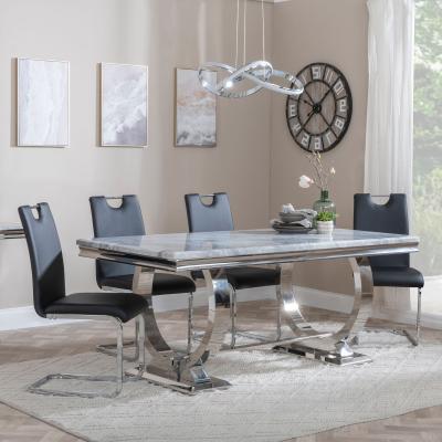 Glacier Grey Marble And Chrome Dining Set Bianco Black Faux Leather Dining Chair