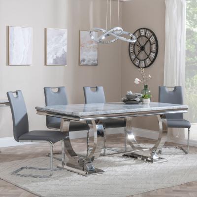 Glacier Grey Marble And Chrome Dining Set Bianco Grey Faux Leather Dining Chair