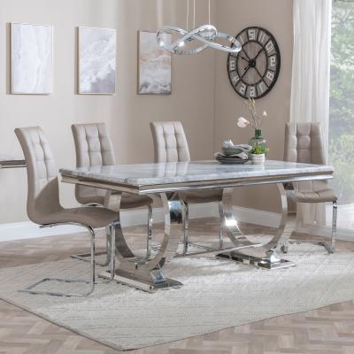 Glacier Grey Marble And Chrome Dining Set Jamison Beige Faux Leather Dining Chair