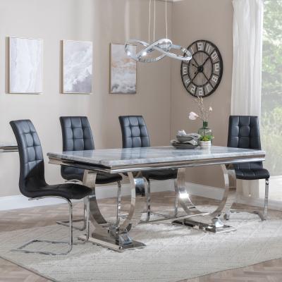 Glacier Grey Marble And Chrome Dining Set Jamison Black Faux Leather Dining Chair