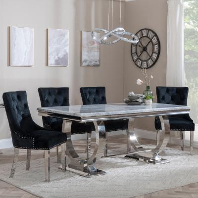 Glacier Grey Marble And Chrome Dining Set Lion Knocker Back Black Velvet Fabric Dining Chair With Chrome Legs