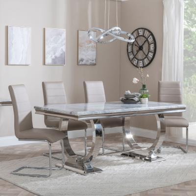 Glacier Grey Marble And Chrome Dining Set Roma Beige Faux Leather Dining Chair