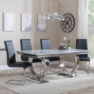 Glacier Grey Marble And Chrome Dining Set Roma Black Faux Leather Dining Chair