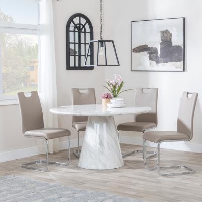 Carrera 4 Seater White Marble Round Dining Set 4 Bianco Beige Faux Leather Dining Chair