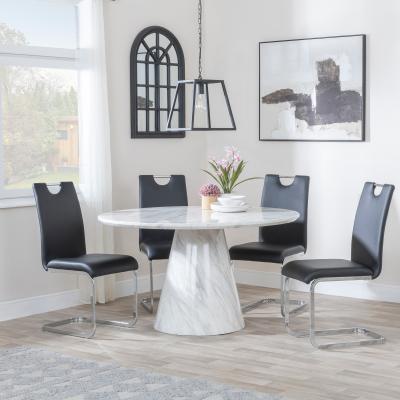 Carrera 4 Seater White Marble Round Dining Set 4 Bianco Black Faux Leather Dining Chair