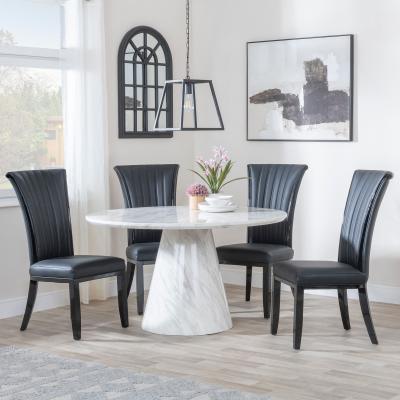 Carrera 4 Seater White Marble Round Dining Set 4 Cadiz Black Leather Dining Chair