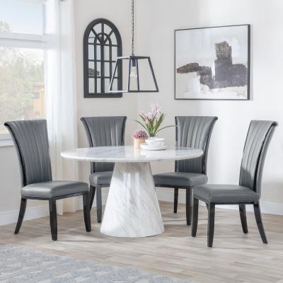 Carrera 4 Seater White Marble Round Dining Set 4 Cadiz Grey Leather Dining Chair