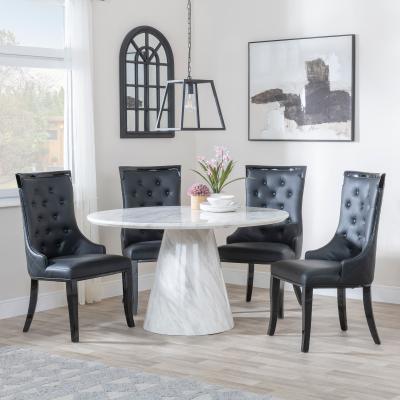 Carrera 4 Seater White Marble Round Dining Set 4 Carmela Black Leather Dining Chair